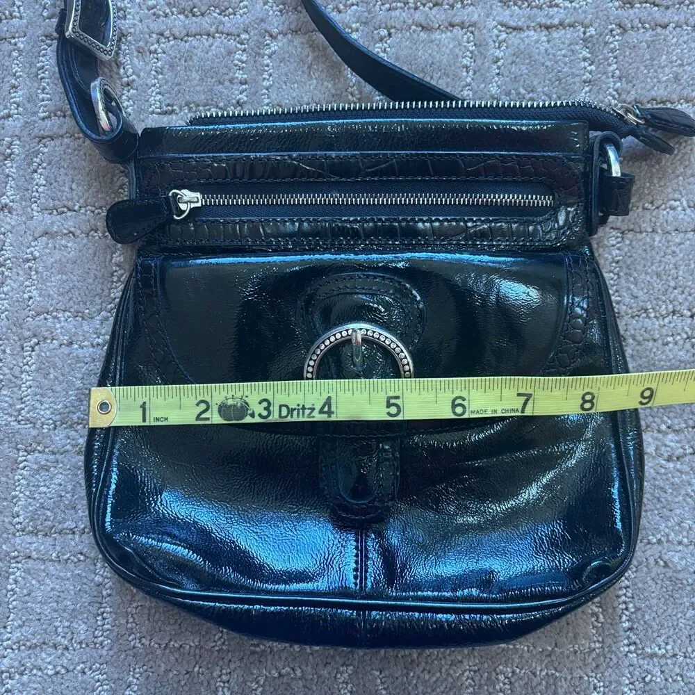 Brighton Bali Shine Patent Leather Crossbody Purse Black Organizer Zip Closure